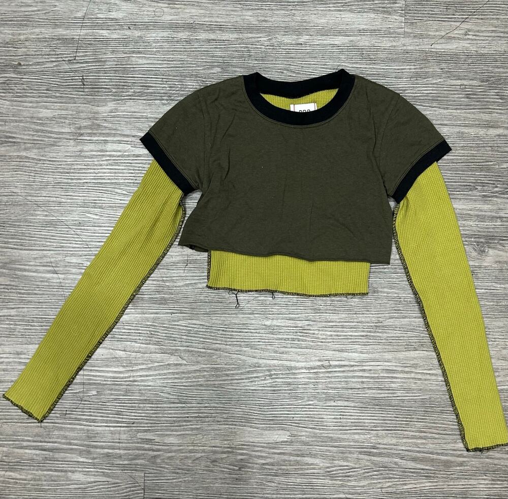 BDG Urban Outfitters Layered Look Top Olive & Lime Thermal Waffle Knit Sz Small